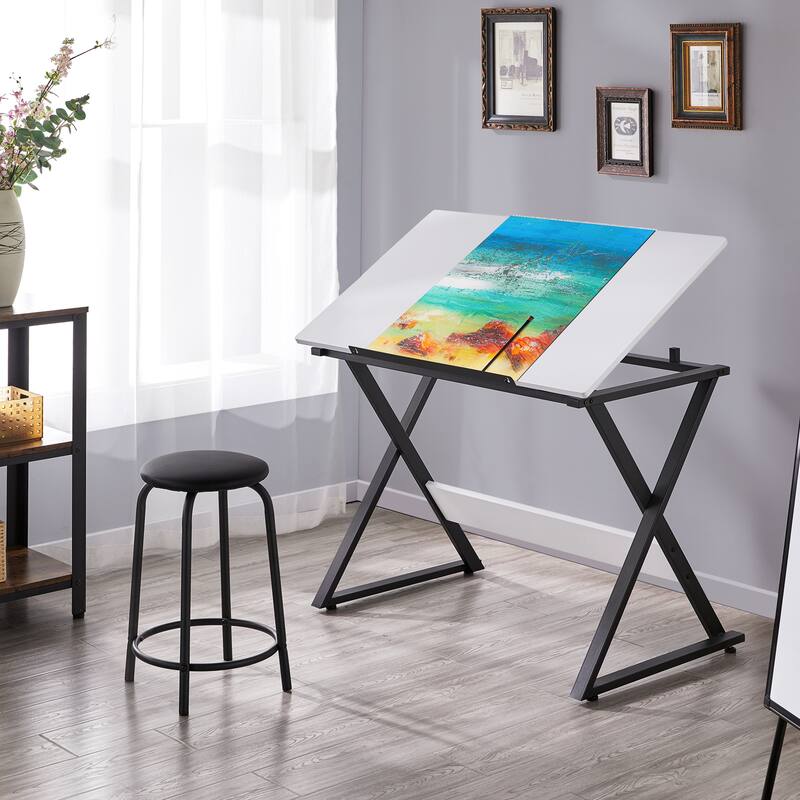 Yaheetech Minimalist Drafting Table with Adjustable Tabletop & Pencil Ledge, White - White