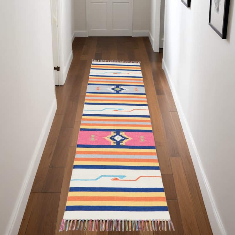 Fume Southwestern Woven Low Pile with Fringe Area Rug By HomeRoots - 90' X '27' X '0.25 - 90' X '27' X '0.25 - Lavender/Ivory - Runner
