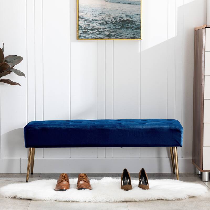 Modern 44" Length Button Tufted Bench - Velvet - Dark Blue