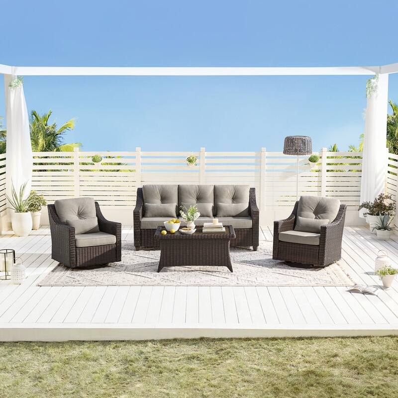 Murphy Outdoor Wicker Patio Outdoor Sofa Swivel Chair Coffee Table