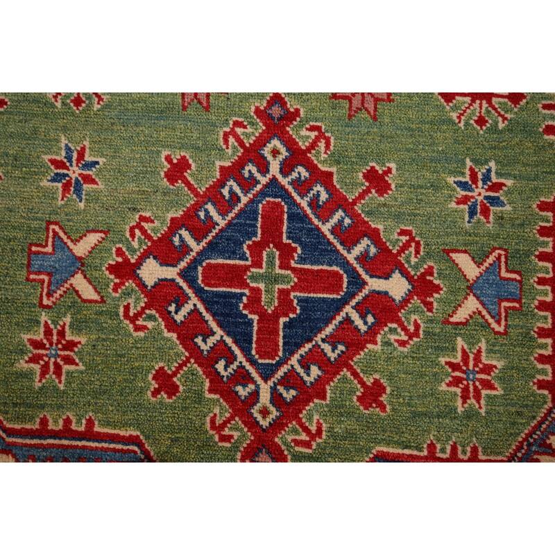 Green Oriental Geometric Kazak Foyer Rug Hand-Knotted Wool Carpet - 2'7" x 4'5"