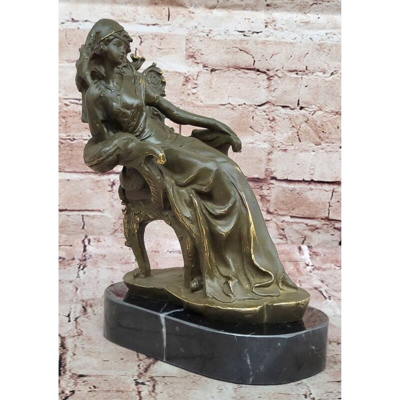 Seated Lady In Ornate Chair Bronze Sculpture On Marble Base