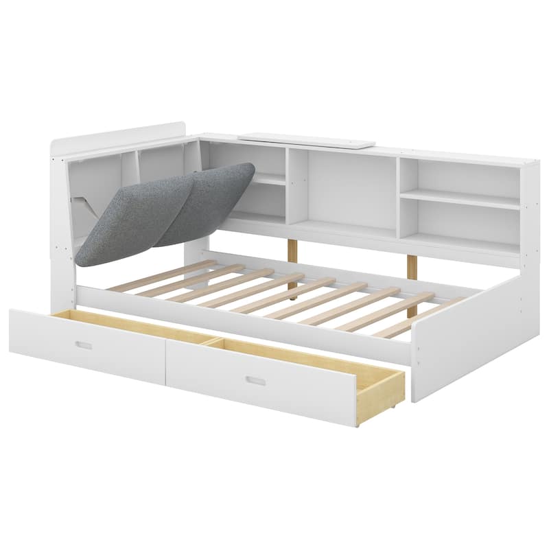 Roomfitters Twin Wood Platform Bed with Storage Headboard, Display Shelves and Side Compartments