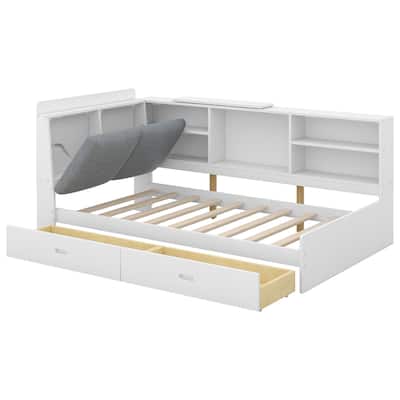 Twin Platform Bed with Upholstered Storage Headboard, 2 Drawers, Shelves, and Rotating Board, Space-Saving Design