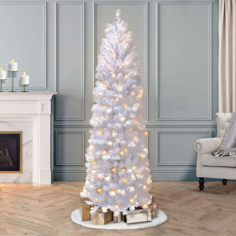Puleo International Pre-Lit 6.5' White Pencil Northern Fir Artificial Christmas Tree - White