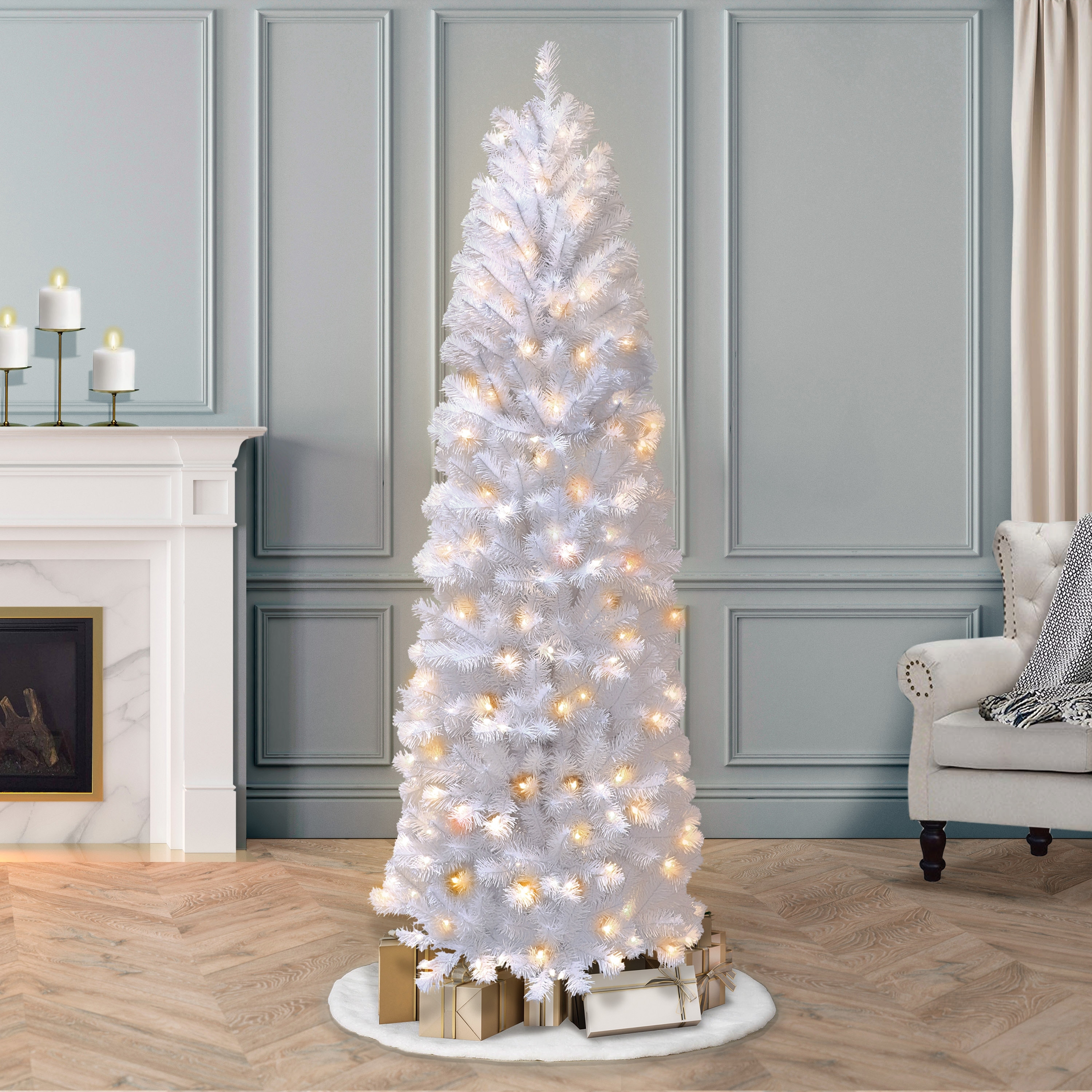 Puleo International Pre-Lit 7.5' White Pencil Northern Fir Artificial Christmas Tree