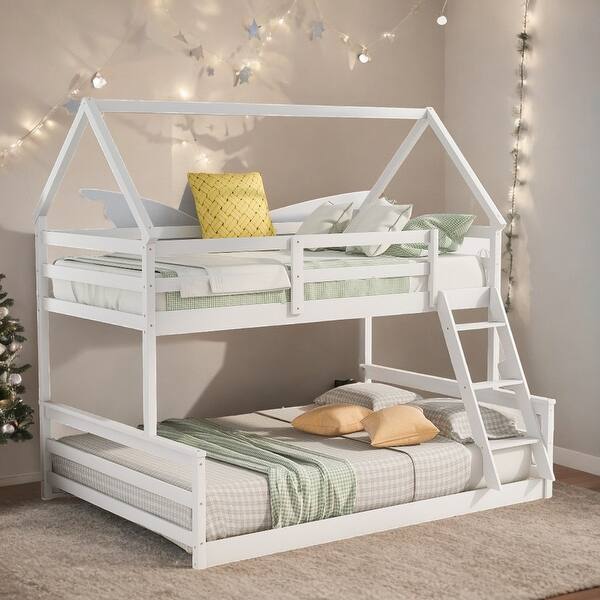 slide 2 of 9, Wood Twin over Full House Bunk Bed Kids Bed with Built-in Ladder, White White