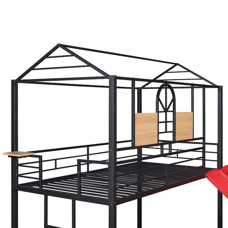 Metal Playhouse-shaped Bunkbed with Slide
