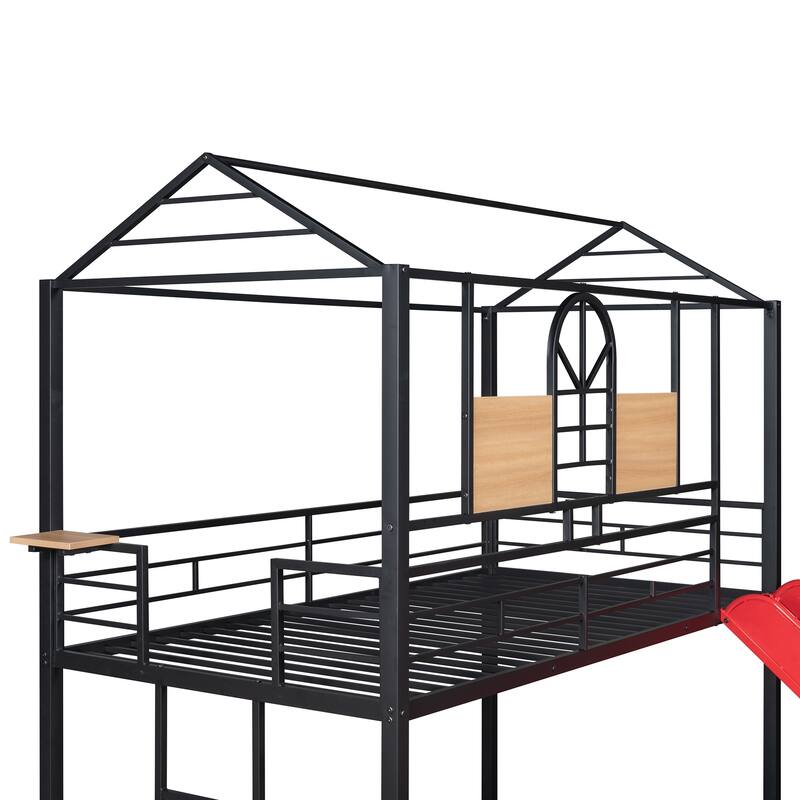 Twin Size Metal House Bunk Bed w/Slide, Metal Twin Over Twin Bedframe