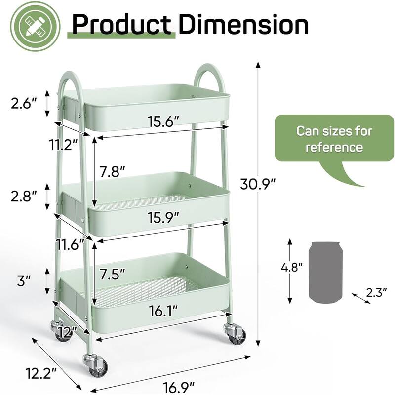 3 Tier Utility Rolling Cart, Metal Storage Cart, Storage Organizer Trolley for Kitchen, Living Room, Office, Garage