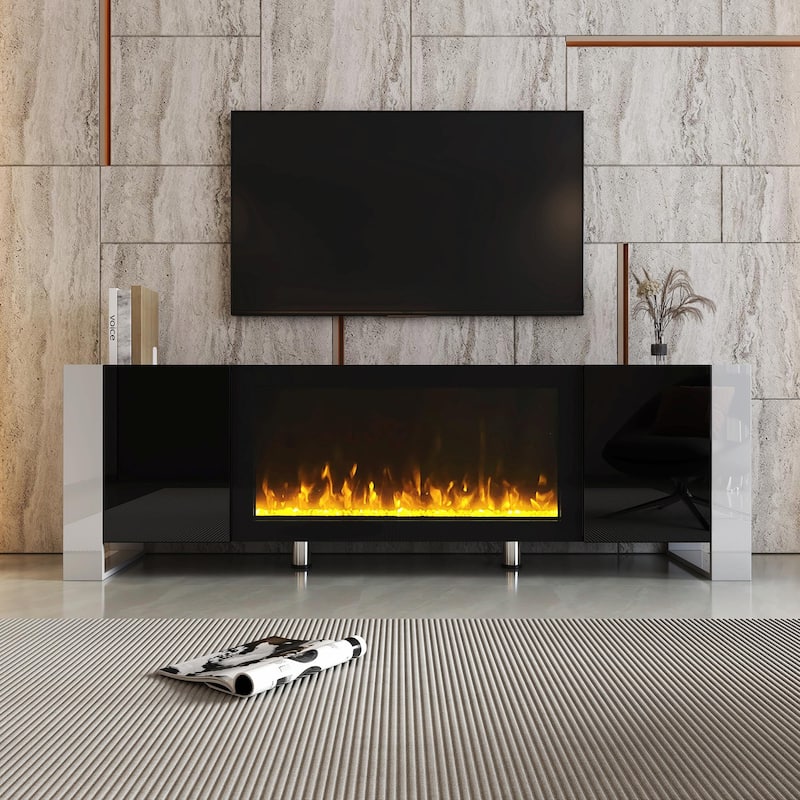Glossy TV Stand with Non-Heating Electric Fireplace, 2 Cabinets