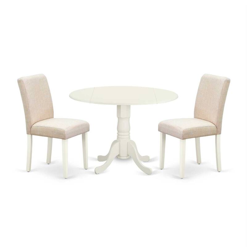Round Dining Table Set 3pc 42" Table w/ Drop Leaves & 2 Parsons Chairs - Linen Beige Fabric