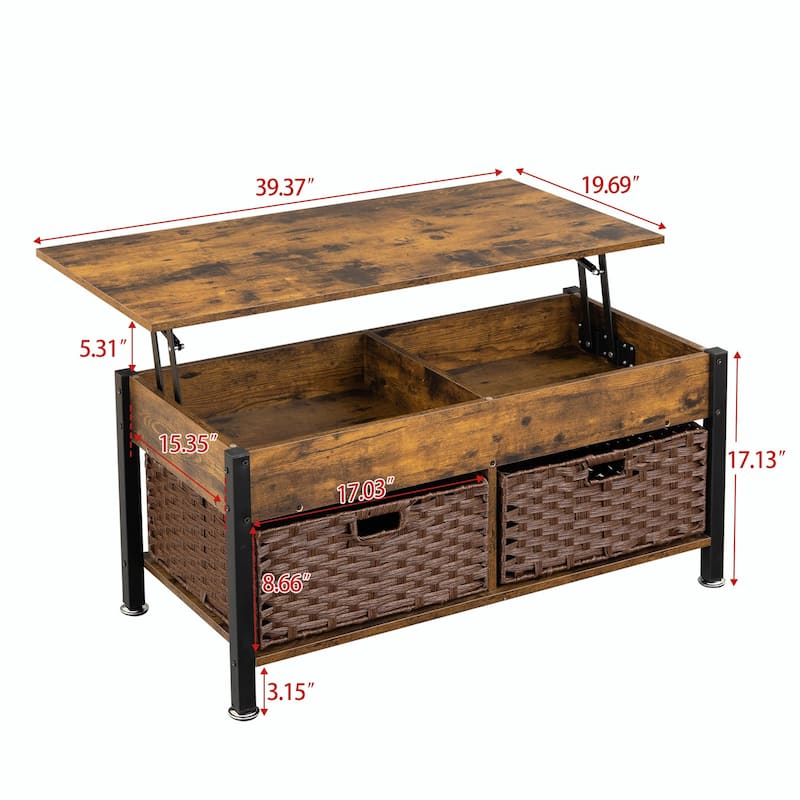 Metal Coffee Table with Lifting Top and Hidden Storage Space, Removable Wicker Baskets