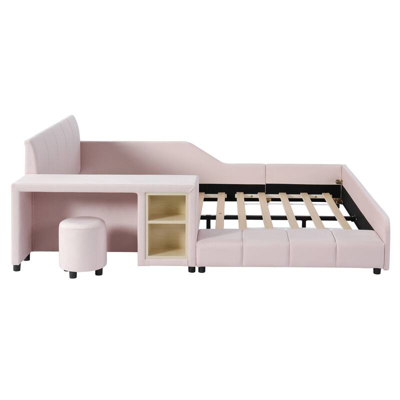 Upholstered Grounded Bed Mother & Child Bed with Bedside Desk and Little Round Stool