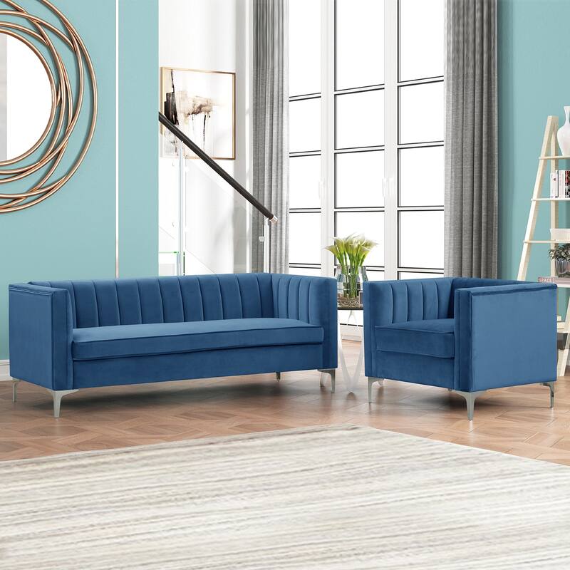 Morden Fort Modern 2 Pieces of Chair and Sofa Couch Set with Dutch Velvet Grey, Iron Legs - Blue