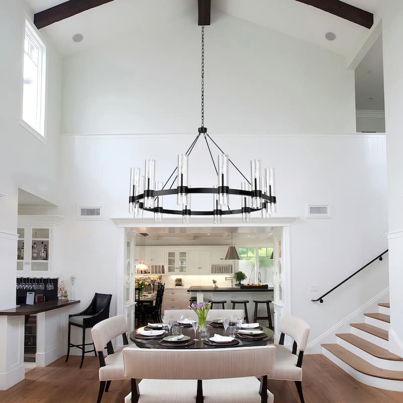 Black Wagon Wheel Chandelier with Glass Shades Adjustable Farmhouse Pendant Light for High Ceilings