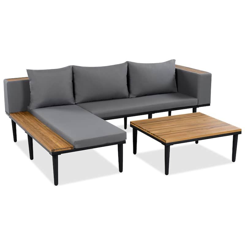 Roomfitters L-Shaped Outdoor Sectional Sofa Set with Built-in Wood Side Tables and Coffee Table, Patio Conversation Set