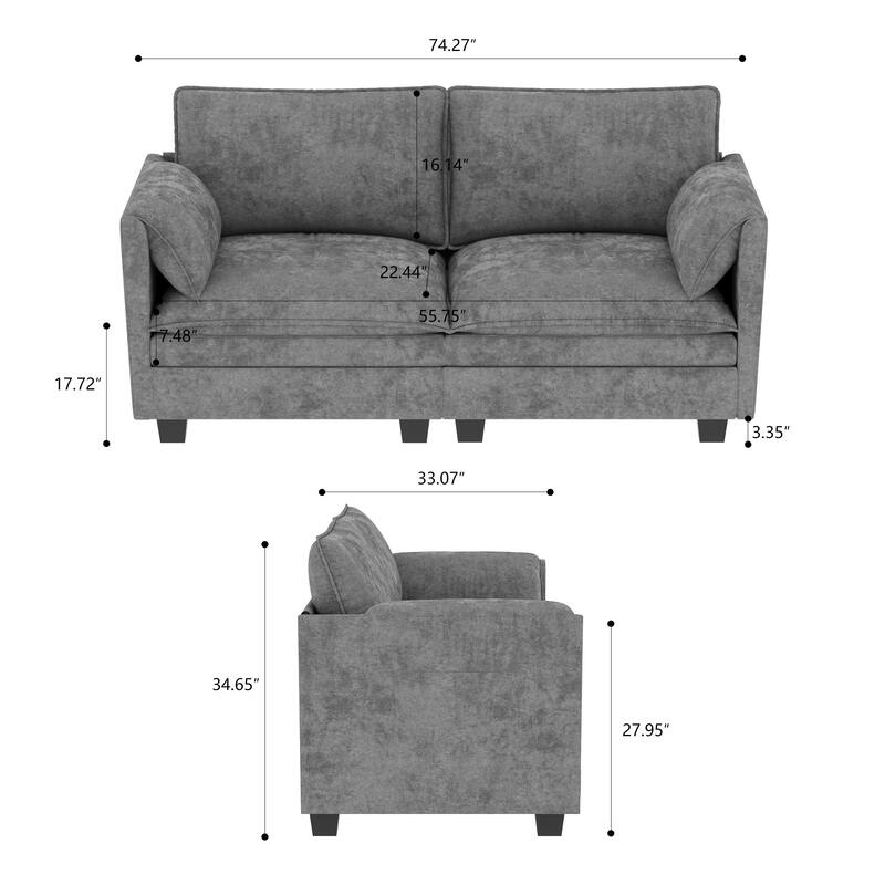 74" Mid-Century Loveseat Sofa - 2-Seater Modern Couch for Small Spaces, Apartment, Dorm, Office - Grey