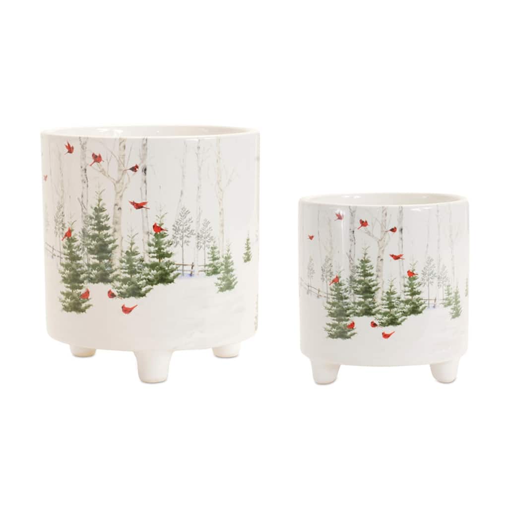 Winter Cardinal Forest Christmas Planters - 6" - Set of 2
