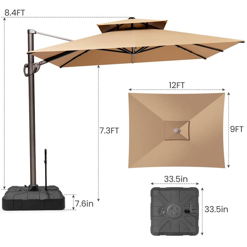 9 x 12 ft Double Top Patio Cantilever Umbrella 360-degree Rotation with Base
