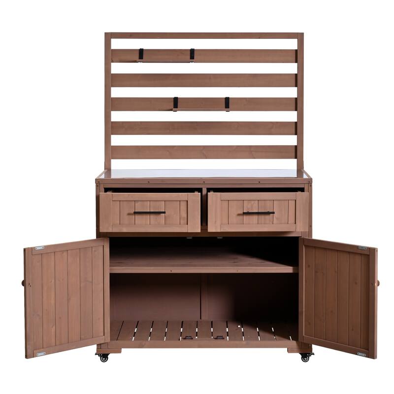 Solid Wood 64.9''Tall Outdoor Kitchen Island Kitchen Cart, Garden Potting Bench with Stainless Table Top for BBQ