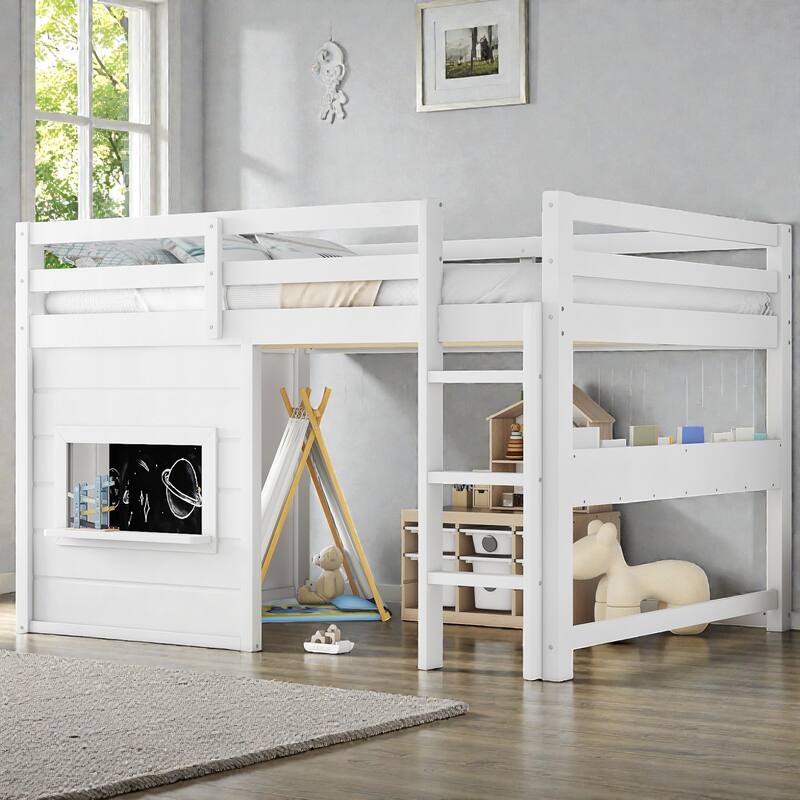 Twin/Full Loft Bed with Sliding Chalkboard, Built-in Bookshelf, Solid Wood Frame & Safety Guardrails, Kids Playhouse Bed