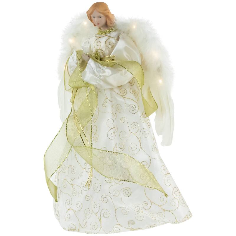 14" Lighted White and Gold Angel in a Dress Christmas Tree Topper - Warm White Lights - 14