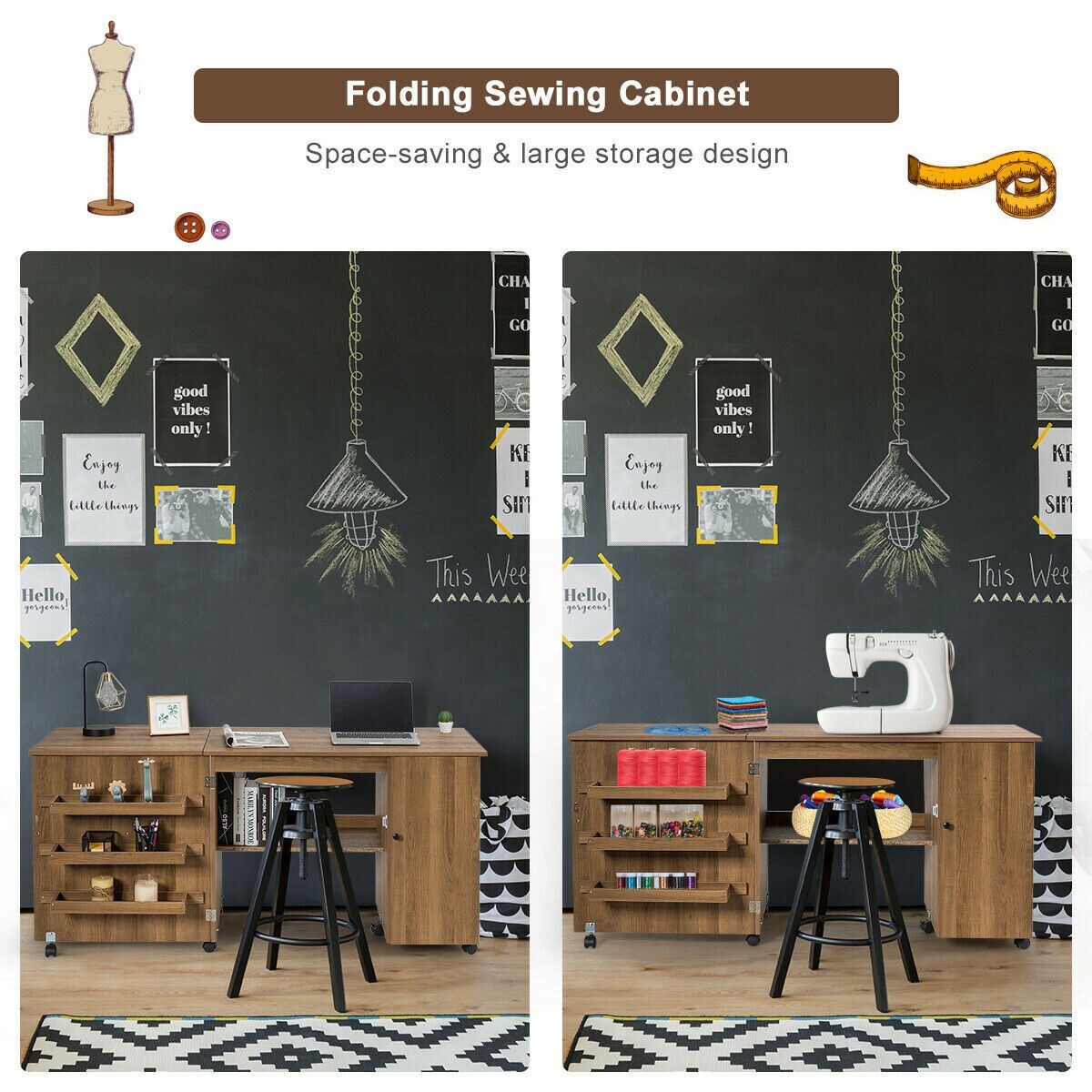 Folding Sewing Table Shelves Storage Cabinet Craft Cart With Wheels On Sale Overstock 30088755 Craft room desk diy via ana white. folding sewing table shelves storage cabinet craft cart with wheels