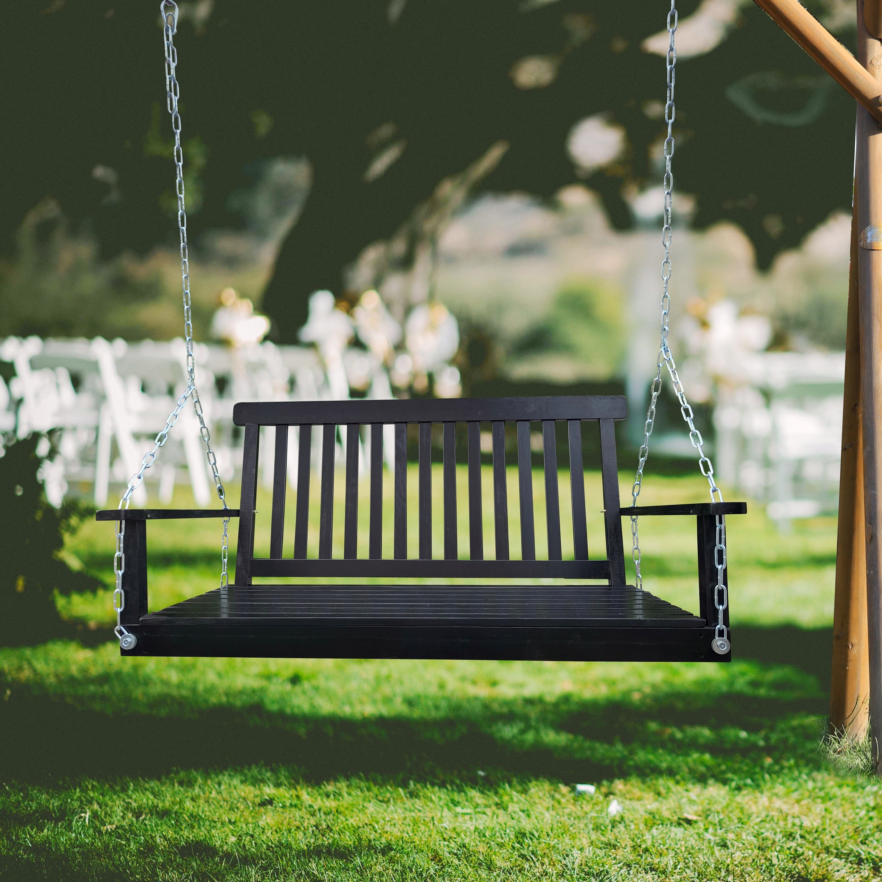 Front Porch Swing with Armrests Wood Bench Swing with Hanging Chains Teak