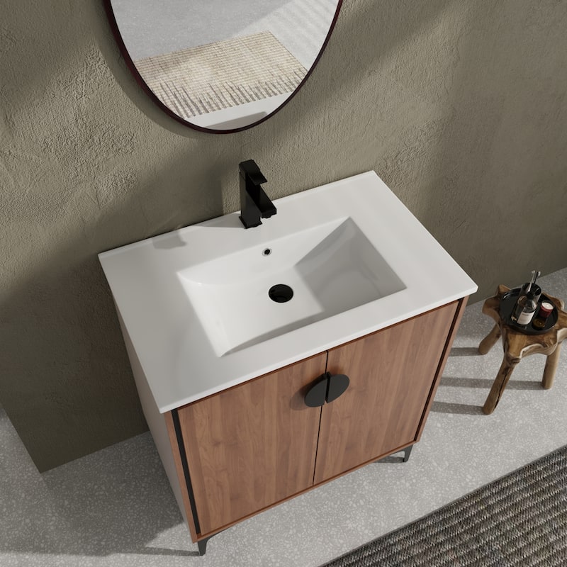 GDFStudio - Levistar Modern Freestanding Bathroom Vanity Cabinet with Ceramic Sink, Soft Close Doors & Metal Tripod - 30"