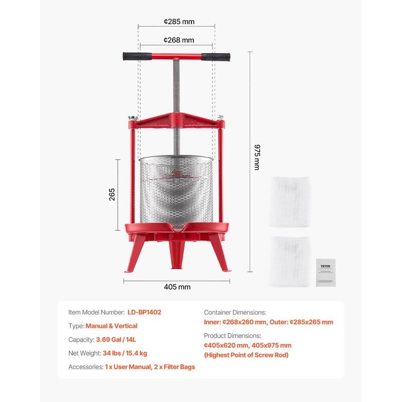 Fruit Wine Press Manual Press for Wine Making 2.38 Gal/9L Stainless Steel - Multi
