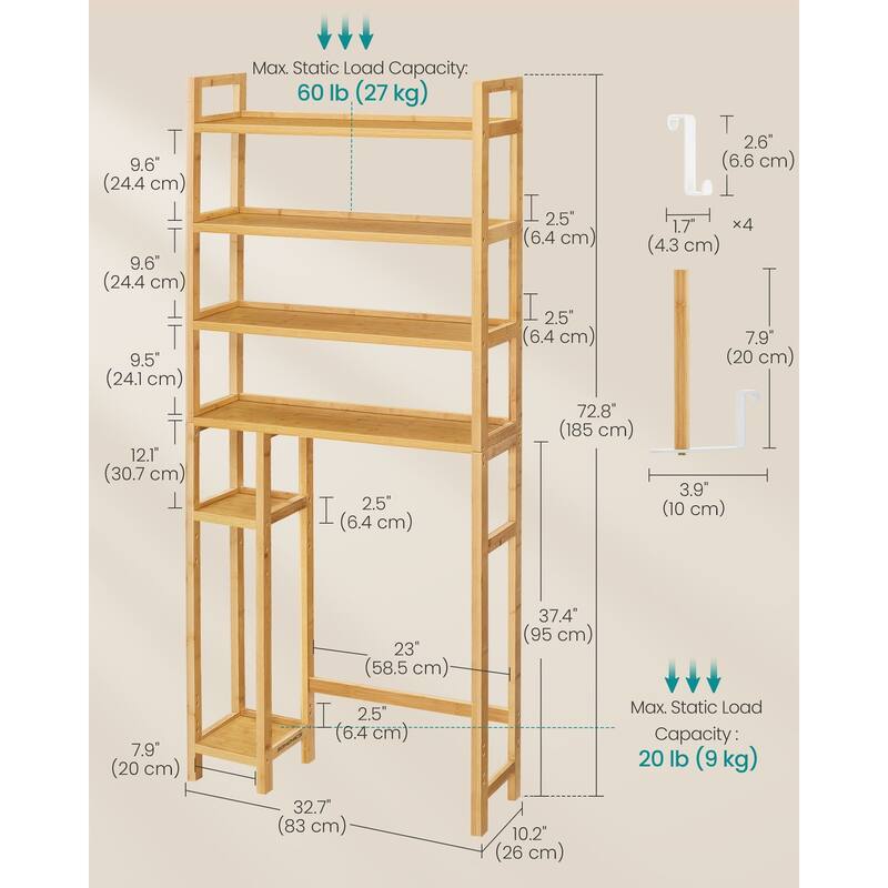 4-Tier Space-Saving Over Toilet Storage Shelf with Adjustable Shelves and Wicker Frame - 32.7''L x 10.2''W x 72.8''H