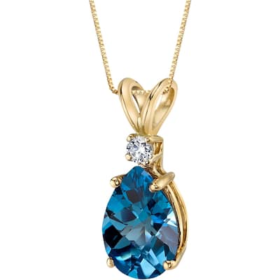 Oravo 14k Yellow Gold 2.00 ct Pear Shape London Blue Topaz Diamond Pendant