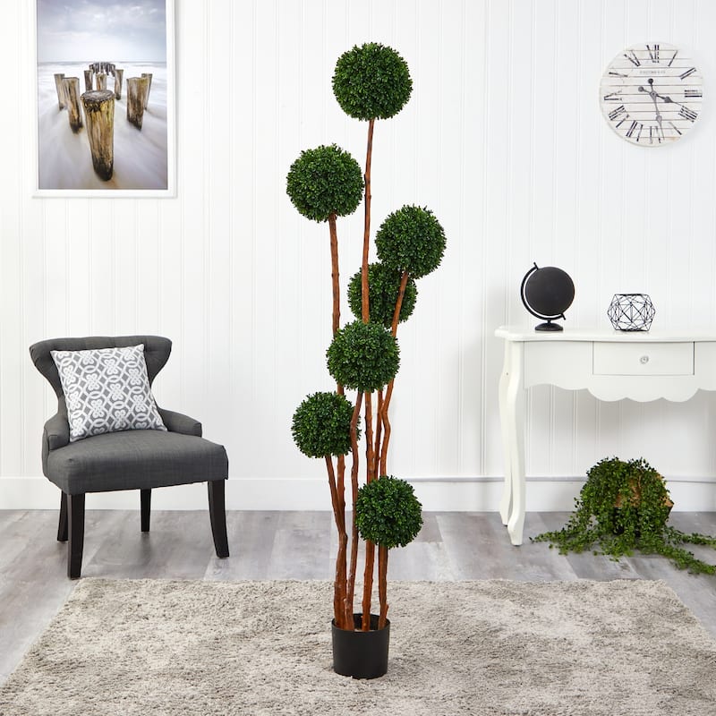 Bohemian Ball Topiary Tree - 6ft Artificial Tree with Natural Trunk, UV Resistant Indoor Outdoor Decor - Green - 51-60 Inches