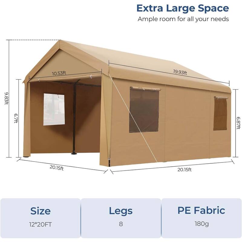 Carport Canopy 12x20ft Duty Carport with Roll-up Ventilated Windows