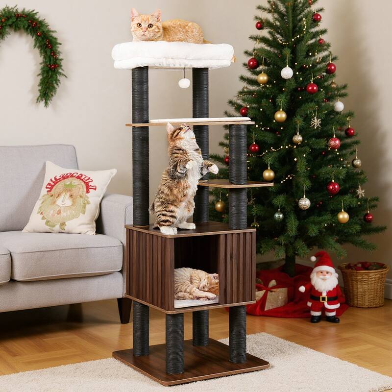 Gymax 64'' Tall Cat Tree for Indoor Cat Wooden Cat Tower Top Perch w/