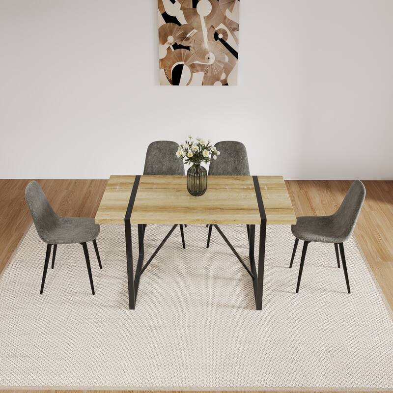 MDF Wood Colour Table,Dining Chairs Set of 4,Wooden Kitchen Table Set,Metal Base & Legs,Dining Room Table and Suede Chairs