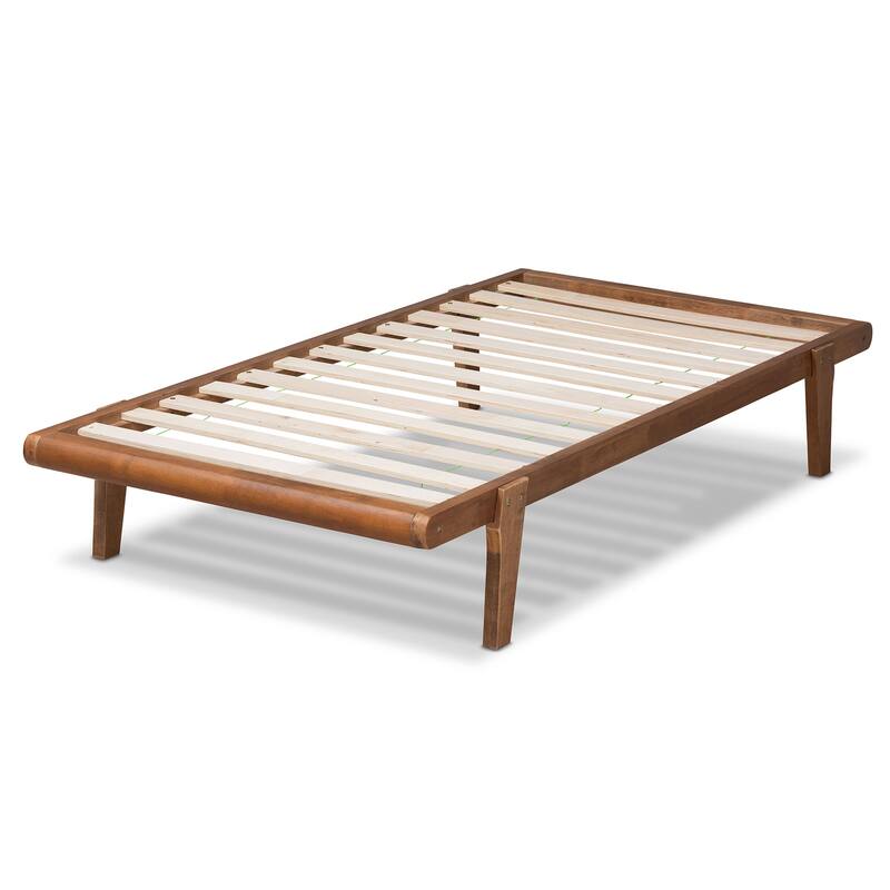 Twin Walnut Brown Platform Bed Frame with Low Profile Slats and Tapered Angled Legs for a Modern Look