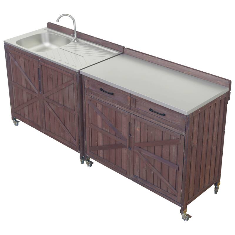 39.4" Outdoor Kitchen Island on Wheels with Stainless Table Top, Outdoor Kitchen Cabinet with Adjustable Shelves