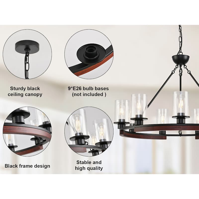 9 - Light Wagon Wheel Dimmable Chandelier with Wood Accents - Matte Black