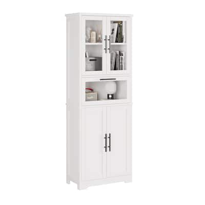 Modern White Wooden Storage Cabinet with Glass Doors and Drawer for Living Room Bedroom or Pantry