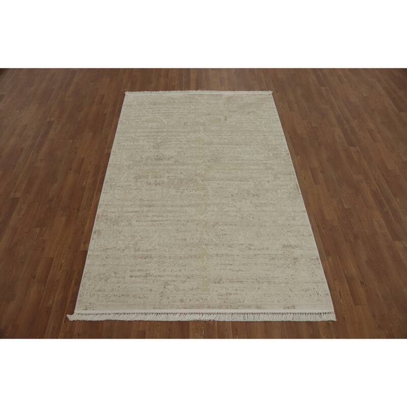 Machine Made Oriental Polyester Carpet Floral Beige & Ivories Distressed Area Rug - 7' 5'' X 5' 2''