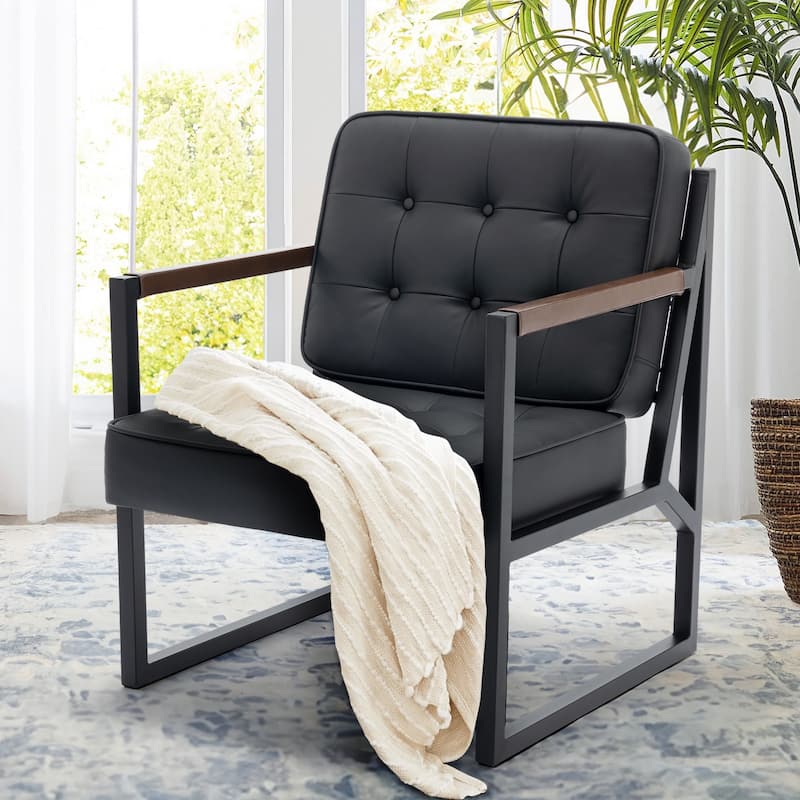 Leather Accent Chair, Accent Arm Chair Comfy Armchair with Metal Legs - Set of 1