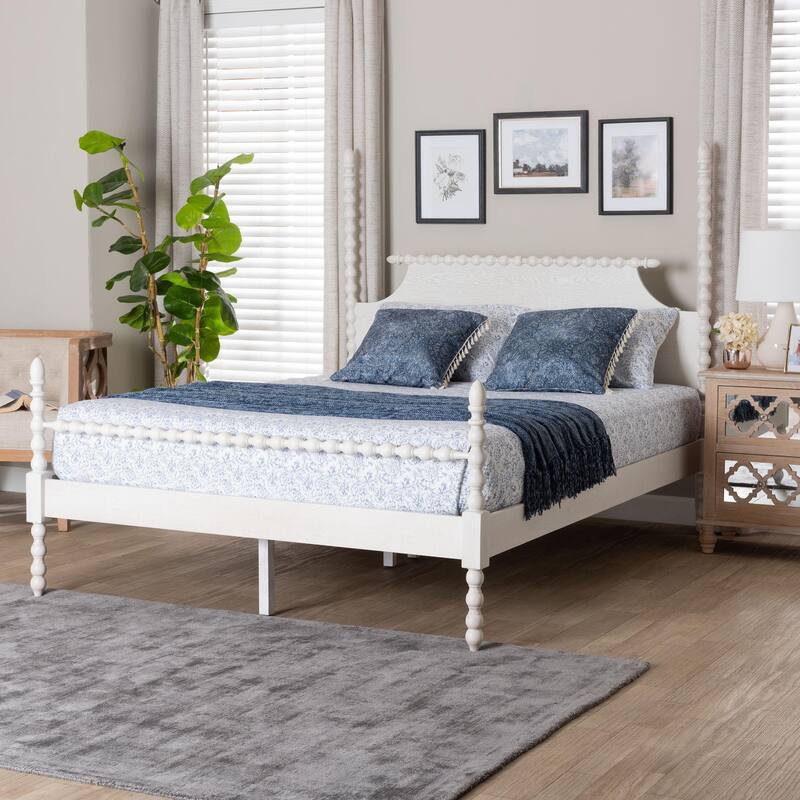 Caliana Bobbin Four-Poster Platform Bed - Wooden Bed Frame with Turned Spindle Posts and Panel Headboard, Vintage-Inspired Style