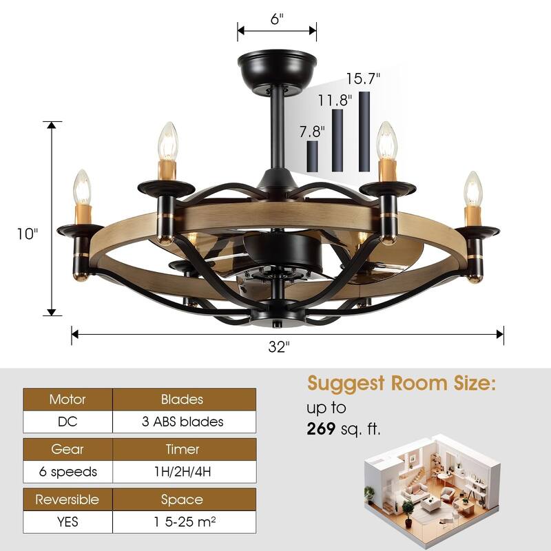 23"/32" Modern Chandelier LED Ceiling Fan with Remote,Wood Grain Caged Fandelier