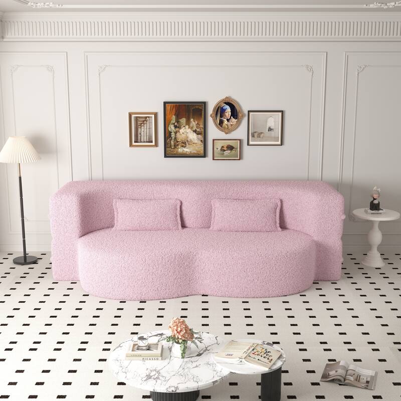 Modern Floor Sofa with 2 Pillows,Convertible Teddy Fabric Foam-Filled Sleeper Sofa Bed,15" Full Size Folding Mattress