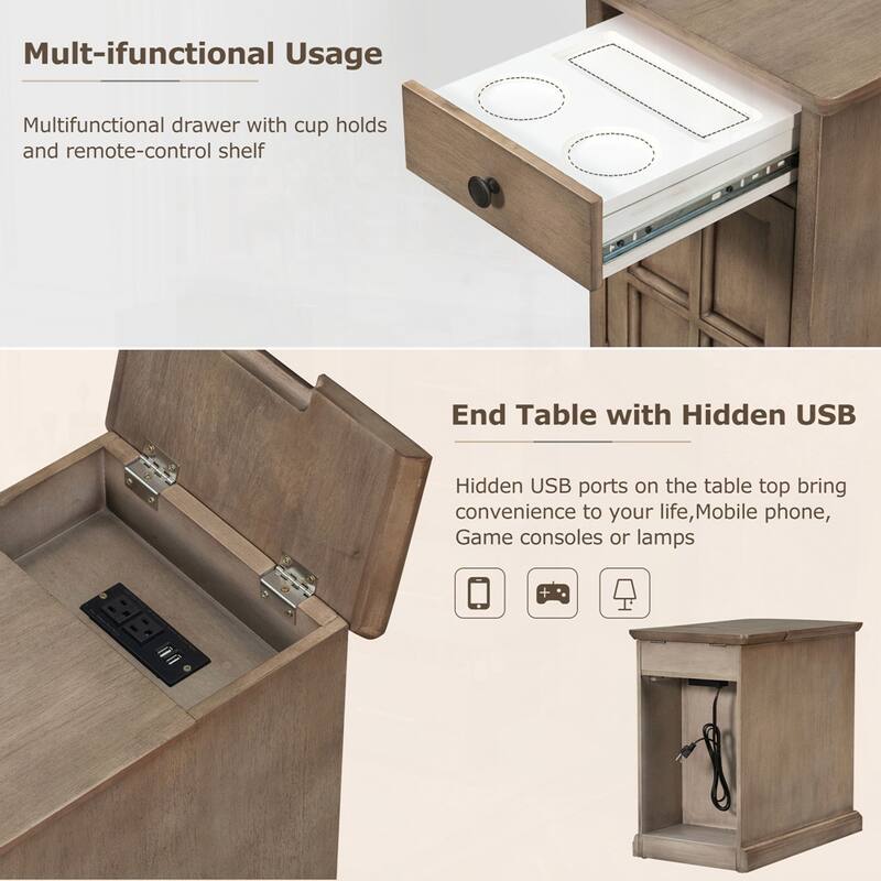 End Table Side Table with USB Ports and One Multifunctional Drawer with cup holders