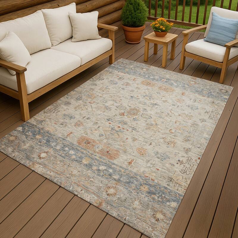 Machine Washable Indoor/ Outdoor Traditional Border Chantille Rug