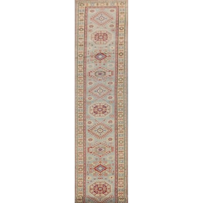 Light Blue Kazak Runner Rug Handmade Oriental Wool Carpet - 2'6" x 15'0"