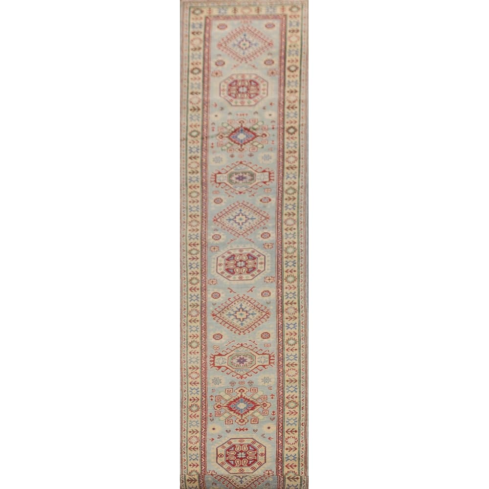 Light Blue Kazak Runner Rug Handmade Oriental Wool Carpet - 2'6" x 15'0"